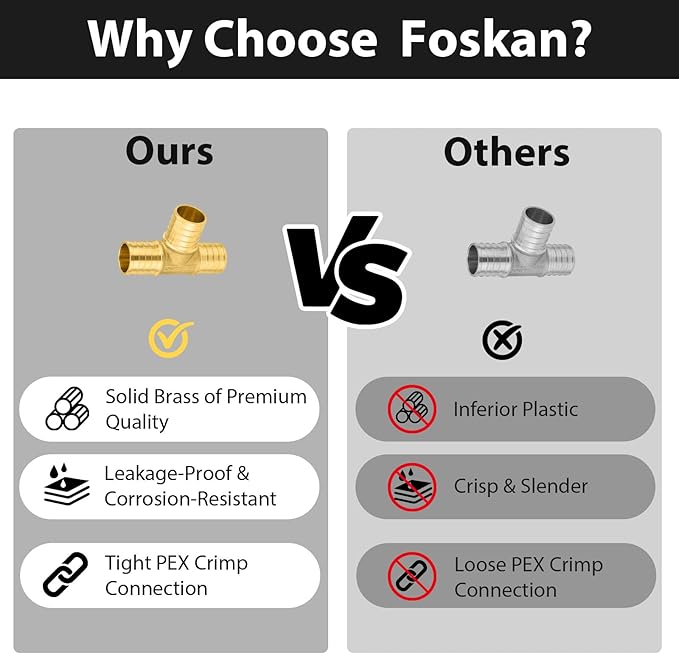 2-Pack Foskan PEX Fittings, 1" PEX Tee, Brass Barb Crimp PEX Fittings for Hot or Cold Water Distribution