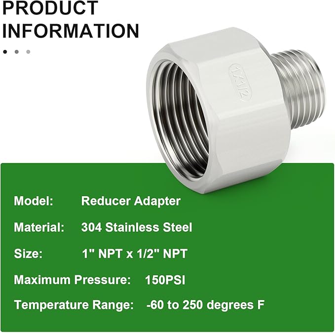 TAISHER 5PCS 304 Stainless Steel Pipe Fitting, Reducer Adapter, 1/2" NPT Male x 1" NPT Female, Reducing Pipe Adapter Fitting