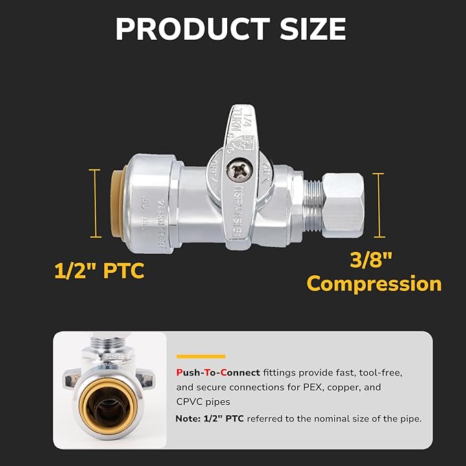 1/2" PTC x 3/8" OD Compression Straight Stop Valve, Toilet Water Shut Off for PEX, Copper, CPVC Pipe, Push to Connect Brass Plumbing Fitting with Quarter-Turn & Disconnect Clip