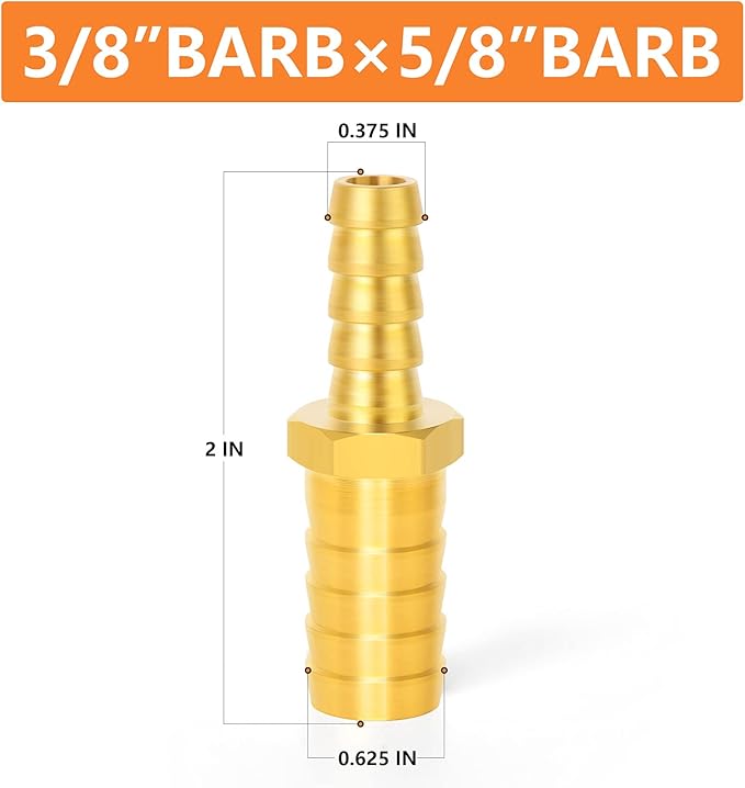 GASHER 2 Pieces Brass Hose Barb Reducer, 5/8 Inch to 3/8 Inch Barb Hose ID with 4 Hose Clam, Brass Barb Reducer SPLICER Fitting Fuel/AIR/Water/Oil/Gas/WOG