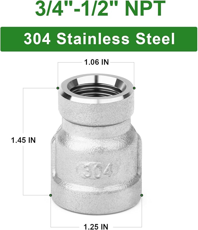 TAISHER 5PCS 304 Stainless Steel Cast Pipe Fitting, Reducer Coupling, 3/4" x 1/2" NPT Female Threaded