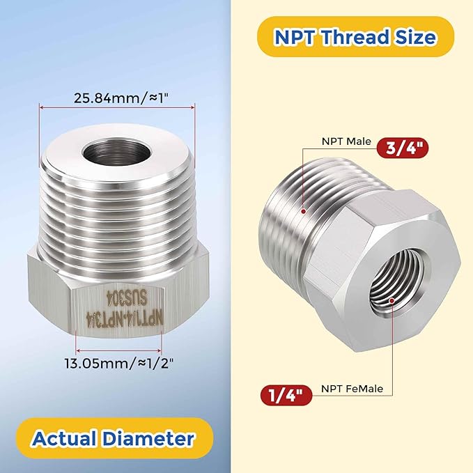 2 Pack 304 Stainless Steel Pipe Fittings, 3/4" MNPT to 1/4" FNPT Hex Bushing Reducer, Hose Tube Threaded Adapters for Air, Oil, LP, Gas