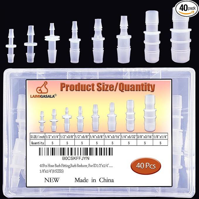 40Pcs Plastic Hose Barb Reducing Fittings Assortment, 8 Sizes of Barbed Reducer Hose Pipe Fitting Connector Adapter Union Splicer Joint for Air Gas Water Liquid Line Catheter Tube Pump Adapters