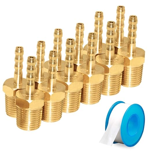 JoyTube 12 Pcs Hose Barb Fittings 1/8" Barb to 1/8" NPT Male Thread Brass Metals Adapter connector with Teflon Tape