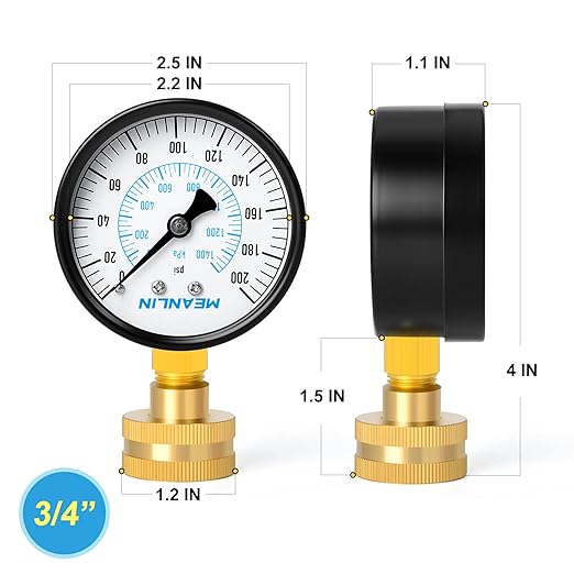 MEANLIN MEASURE 0-200Psi Water Pressure Gauge, 3/4" Female 2.5" FACE DIAL Water Pressure Test Gauge, Water Pressure Gauge for Home with Sealing Ring