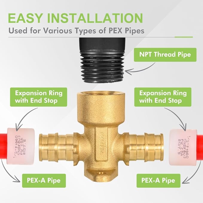 2 Pack Brass Expansion Drop Ear Tee Fittings, 1/2" x 1/2" Pex-A x 1/2" Female NPT, Full Port For Pex-A Tubing Connection, NSF/ANSI 61 NSF 372 Certificate, ASTM F1960 Certified