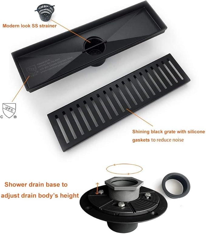 Neodrain 12-Inch Linear Shower Drain with Removable Capsule Pattern Grate, Black Color with Shower Drain Base,304 Stainless Steel Shower Floor Drain, with Hair Strainer