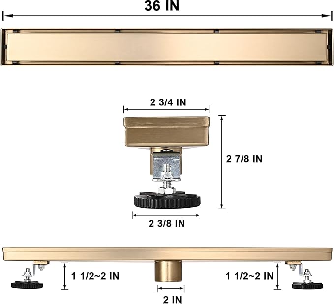 Linear Shower Floor Drain, Brushed Gold 36 Inch 304 Stainless Steel Bathroom Drains Kit, Rectangular Shower Trench Drain with Reversable Tile-in Pattern Drain Cover & Hair Catcher