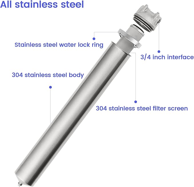 Amwater NSF/ANSI 42 Stainless Steel Whole House Water Filter Housing, 20" x 2.5" Sediment Water Filter System for Heavy Duty, Well & City Water, 1" NPT Port, Drain Valve Style C