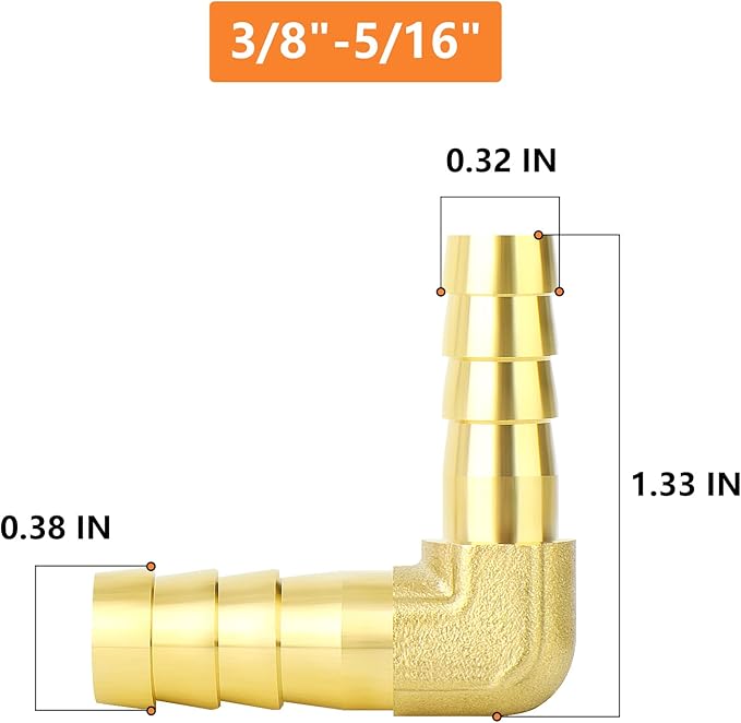 GASHER 10 Pieces Brass Hose Barb Reducer, 3/8 Inch to 5/16 Inch ID 90 Degree L Right Angle Elbow With 20 Hose Clamps, Reducer Splicer Fitting for Fuel/Air/Water/Oil/Gas/WOG