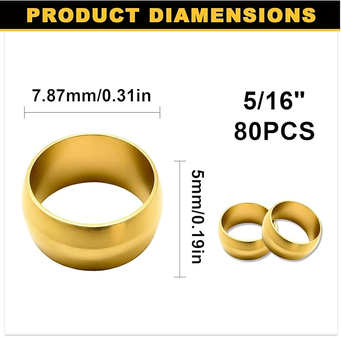 Siptenk 80PCS Brass Compression Sleeves Ferrules for Tube OD 5/16", Hose Compression Fitting Brass Ferrule for DOT Air Brake Lines, Water, Fuel, Oil