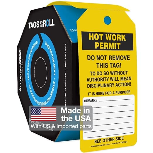 AccuformNMC 250 Inspection and Status Record Tags by-The-Roll, Hot Work Permit, US Made OSHA Compliant Tags, Waterproof PF-Cardstock, Resists Tears, 6.25"x3", TAR724
