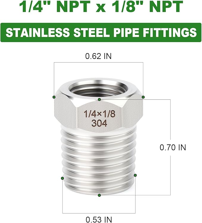 TAISHER 10PCS 304 Stainless Steel New Reducer Hex Bushing, 1/4" NPT Male x 1/8" NPT Female, Reducing Pipe Adapter Fitting