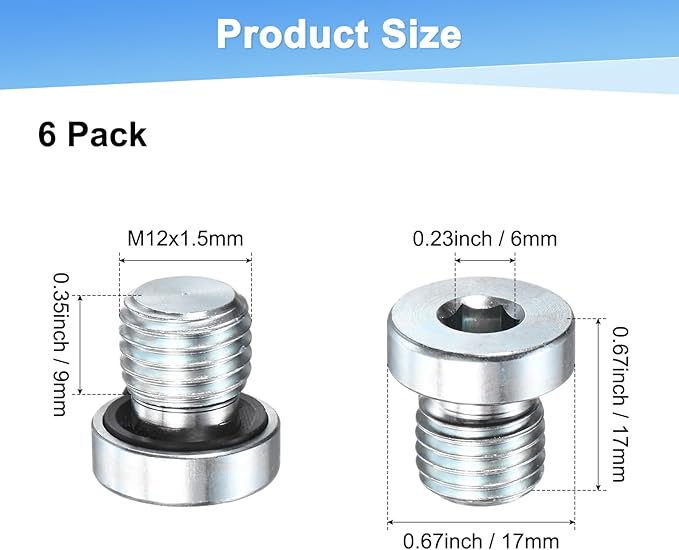 1-Pack M12x1.5mm Inner Hex Head Pipe Fitting Plug, Carbon Steel Sensor Socket Plug with Seal O-Ring for Terminate Pipe Ends/High Pressure Washer, Sealing Screw