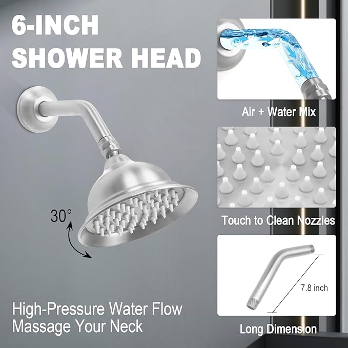 Enga Antique Shower Faucet Sets Dual Heads with 4 Body Jets, 8" + 6" Ceiling & Wall Mount Vintage Shower Head with Handheld Spray Combo, 4 Way Diverter Brass Valve, Brushed Nickel