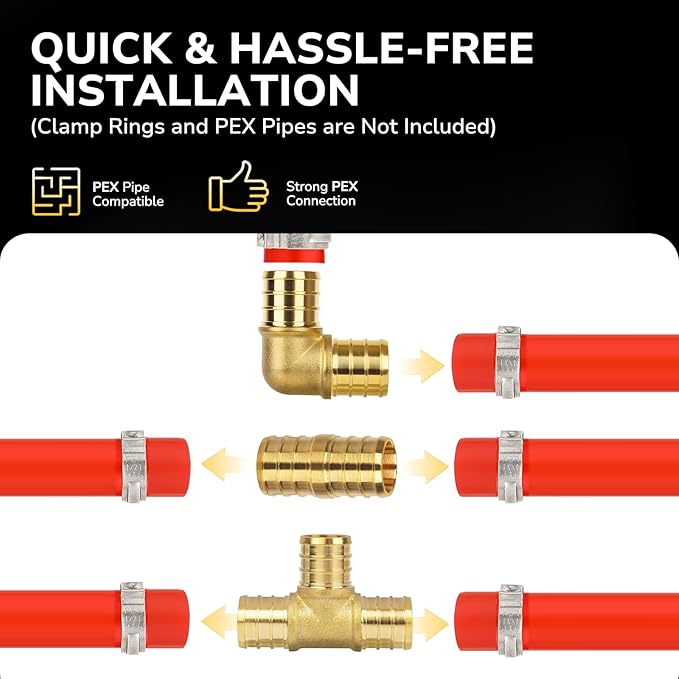 36 Pack 1/2" Pex Fittings Set, 12 Pcs Each Elbow, Tee and Coupling, Heavy-Duty Brass Crimp Fittings for PEX Pipes with Leak-Resistant Construction, NSF & UPC Certified