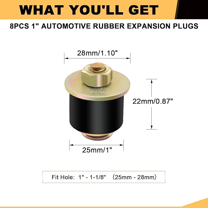Siptenk 1" Freeze Rubber Expansion Plug 8 pcs, Automotive Rubber Expandable Freeze Plugs for Engine
