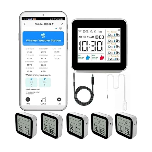WiFi Smart Weather Station,Water Sensor Leak Detector Alarm for Kitchen, Bathroom,Flood Water Leakage,Indoor and Outdoor Wireless Temperature and Humidity Meter，Thermometer Probe for Aquarium