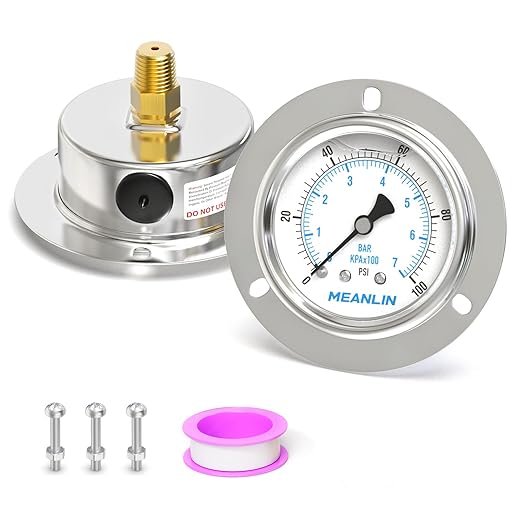 MEANLIN MEASURE 0~100Psi Liquid Filled Pressure Gauge Front Flange Panel Mount, 1/4" NPT 2.5" FACE DIAL Stainless Steel Case with Phillips Screw and Nut, +/-3-2-3%