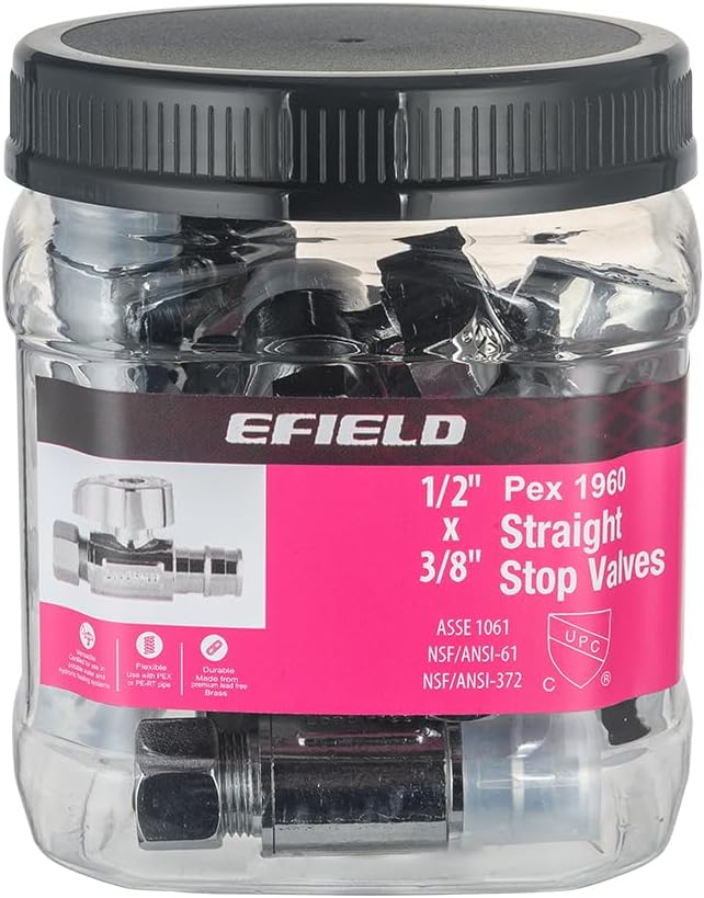 Pro 10-Pack EFIELD Stop Valve Pex-A 1/4 Turn Straight Stop Valve 3/8" OD Compression X 1/2" Pex Expansion, Chrome Plated LF Brass, Heavy Duty,(VALVE380)