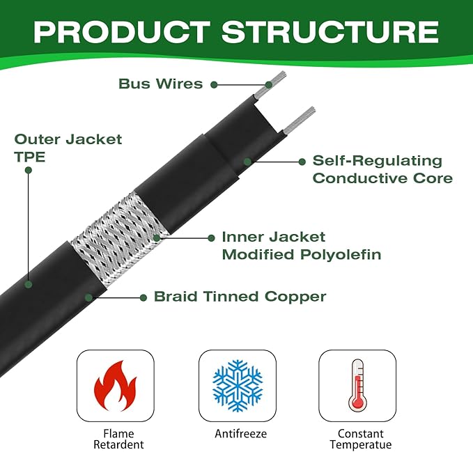 80FT(3~200FT) Heat Tape for Water Pipes, -40°F Deicing Heating Cable, Freeze Protected Water Pipe Heating Cable,120V 5W/ft