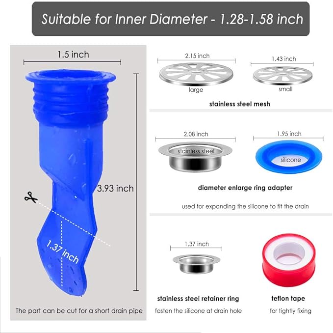 Shower Floor Drain Backflow Preventer, Waterless Trap Seal, One Way Drain Valve Sewer Core (1.28-1.58 inch, Blue)