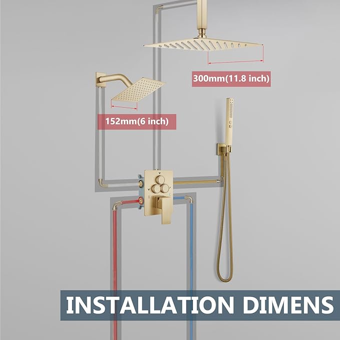 Aolemi Shower Faucet Set Ceiling Mount Shower System Rough-in Valve and Shower Trim Kit 12 and 6 Inch Dual Shower Head 2 in 1 Handheld Spray Push Button Diverter Brushed Gold