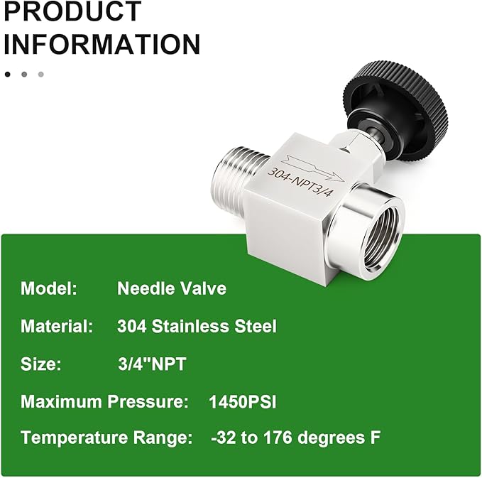 TAISHER 1PCS 304 Stainless Steel Straight Needle Valve 3/4" NPT Male x 3/4" NPT Female For Flow Control Water Gas Oil