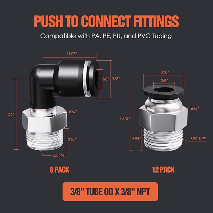 3/8"OD x 3/8"NPT Thread Push to Connect Fittings Kits - 20PCS Air Line Connectors with Straight, Elbow - Quick Connect Pneumatic Fittings, Push Lock Air Hose Fittings for Compressor, Air Tools, Tubing