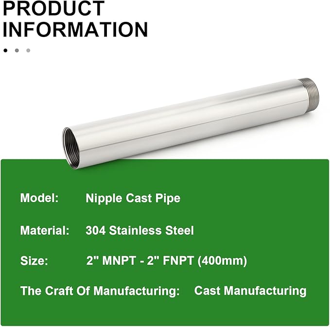 TAISHER 1PCS Stainless Steel Pipe Fittings, 2" NPT Male x 2" NPT Female Threaded, 16" Length Nipple Cast Pipe