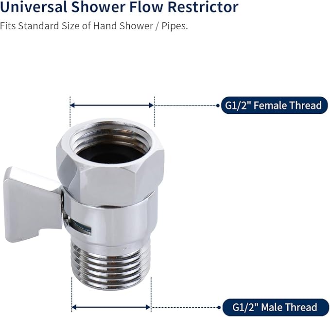 Tenfe Water Flow Control Valve for Shower Head, Brass Adjustable Water Pressure Regulator for Hand Held Shower Shut Off Valve, Polished Chrome On/off Switch G1/2 Standard Connection