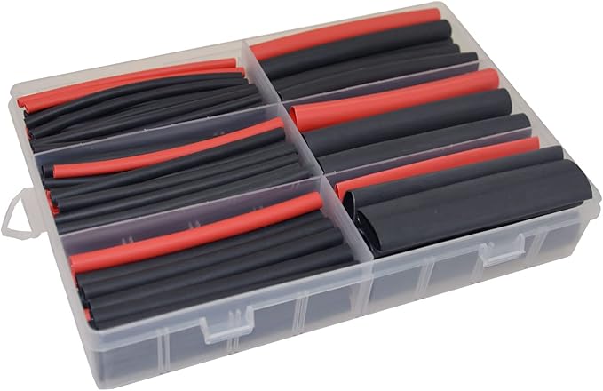 130pcs 3:1 Dual Wall Adhesive Heat Shrink Tubing Kit, 6 Sizes (Diameter): 1/2, 3/8, 1/4, 3/16, 1/8, 3/32-inch, Marine Wire Sleeve Tube Assortment with Storage Case for DIY by MILAPEAK (Black & Red)