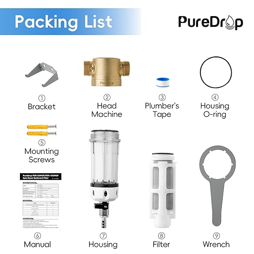 PDR-100WSP Spin Down Sediment Filter, Reusable Whole House Sediment Water Filter for Well Water, 100-Micron Flushable Prefilter Filtration System with Scraper, 1" MNPT + 3/4" FNPT