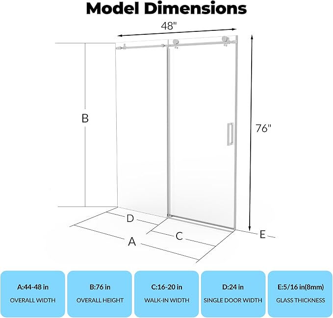 Frameless Sliding Shower Door - 44 to 48 Inch Adjustable Width x 76 Inch Height, 8mm Tempered Glass with Soft Close & Easy-Clean Coating, Stainless Steel Round Rail & 55 Rollers, Matte Black Finish