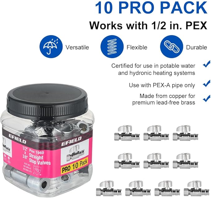 Pro 10-Pack EFIELD Stop Valve Pex-A 1/4 Turn Straight Stop Valve 3/8" OD Compression X 1/2" Pex Expansion, Chrome Plated LF Brass, Heavy Duty,(VALVE380)