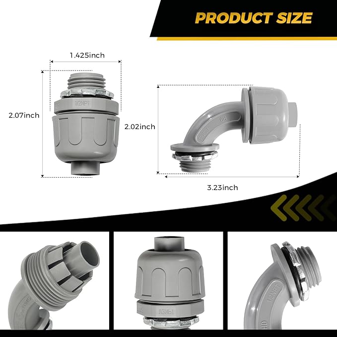 Conduit Connectors, 1/2 Inch Liquid Tight Connector NPT Non-Metallic for PVC Electrical Flexible Conduit Fittings, 25 Straight and 25 Angle 90 Degree, UL Listed, Grey (50-Pack)