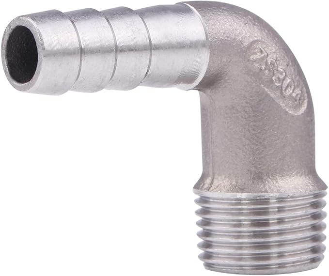 DERNORD 3/8" Hose Barb x 3/8" Male NPT Stainless Steel 90 Degree Elbow- Home Brew Pipe Fitting
