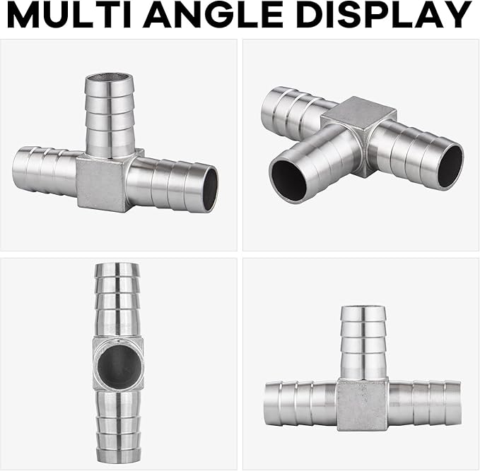 304 Stainless Steel 5/8" Barb x 5/8" Barb 3 Way Tee T Shape Joint Splicer Mender Fitting Union for Water, Fuel, Air - 2PCS