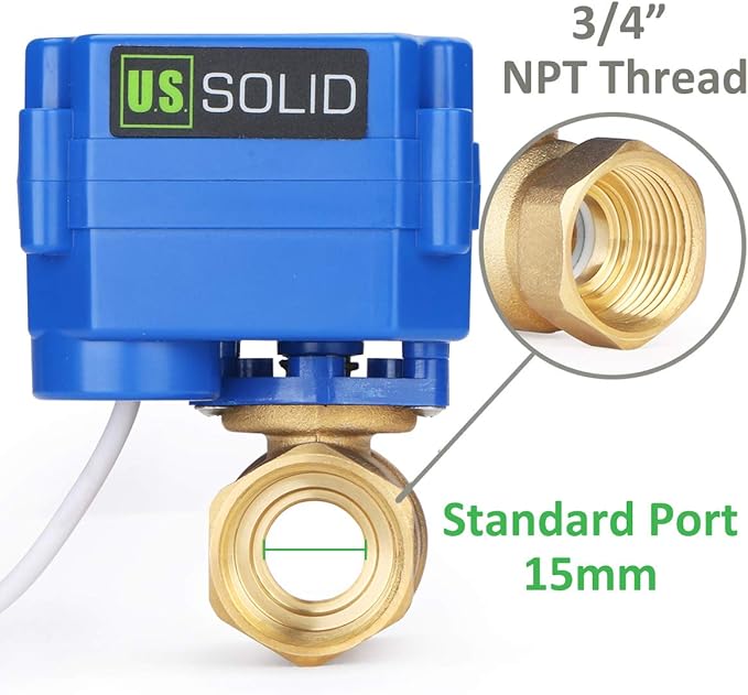 U.S. Solid Motorized Ball Valve- 3/4" Brass Ball Valve with Standard Port, 9-24V AC/DC and 2 Wire Auto Return Setup
