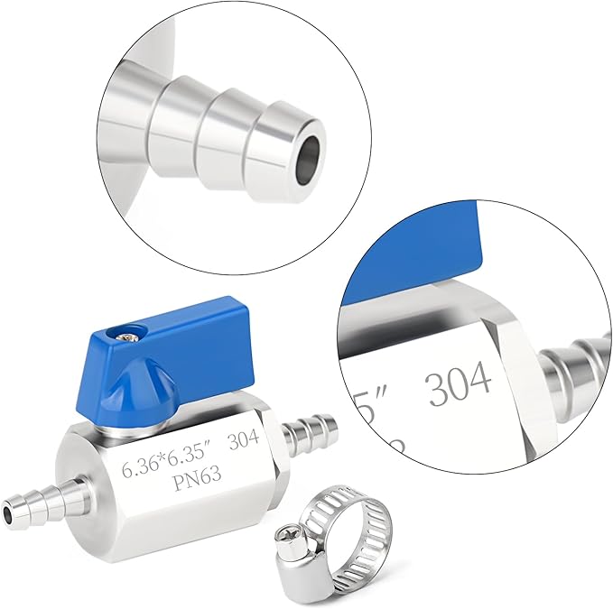 TAISHER 1PCS 304 Stainless Steel 1/4" Mini Ball Valve Shut Off Switch, 1/4” Hose Barb with 2PCS Hose Clamps