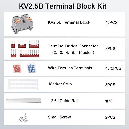 Terminal Block Kit, Rail Type Voltage Terminal, KV2.5B 600V 32A 28-12 AWG Compact Lever Wire Connectors, 12.6” DIN Rail Included, Quick Wiring Connection, DIN Rail Terminal Blocks Kit, Rail Combined