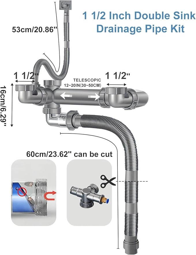 Double Sink Drain Kit Space Saving Kitchen Sink Drain Kit Expandable Flexible 1 1/2" P-Trap Pipe Comes with 4-Way Fitting Adapter For Water Filter and Dishwasher