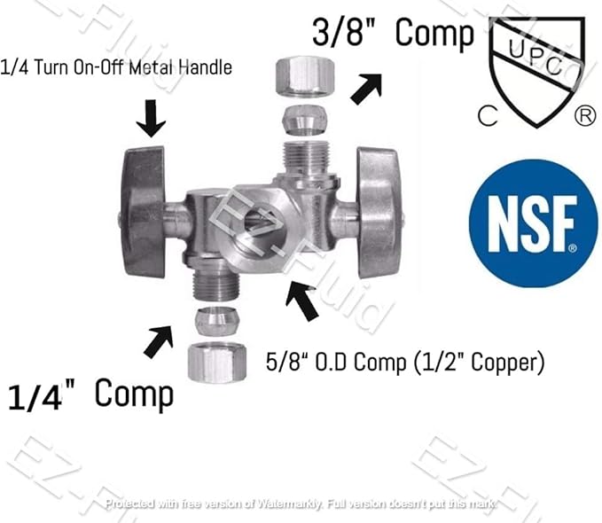 5/8" OD Comp X 3/8" Comp X 1/4" Comp Double Handles 1/4 Turn Angle Stop Water Shut off Valve Lead-Free (Pack 5)