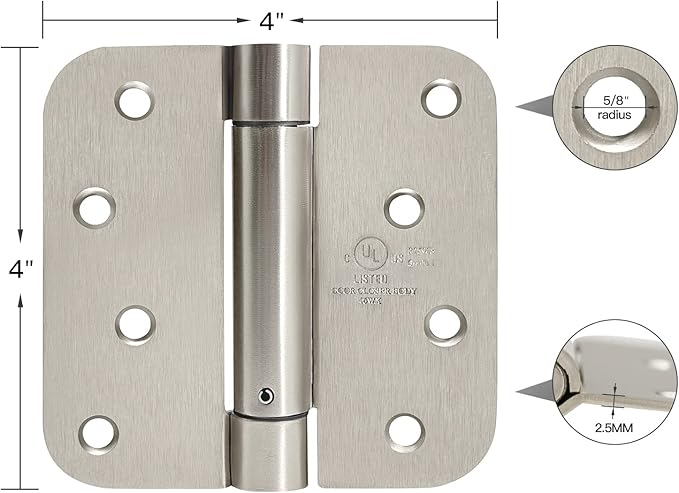 4 Inch Self Closing Satin Chrome Door Hinge 5/8" Radius Corner 3pack,Adjustable Tension for Garage, Front Door, Back Door, for Left and Right Hand Door, UL Listed