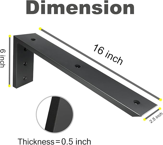 WINKER Countertop Support Bracket 4 Pack Heavy Duty 1/2" Thick Hidden L Shelf Bracket 16" x 6" x 2.5" Metal Corbels for Quartz/Granite/Wood/Concrete/Laminate Countertops, Black
