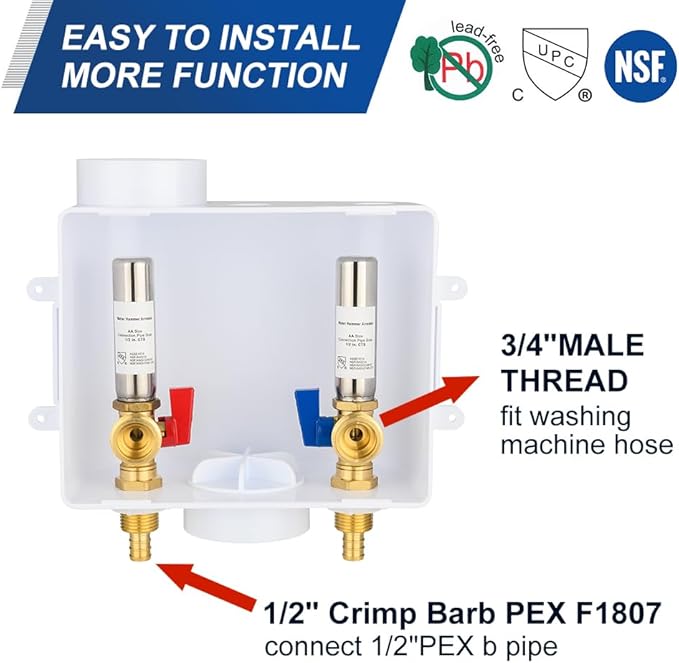 EFIELD Universal Washing Machine Outlet Box, 1/2-inch Pex Crimp Inlet Connection With Stainless Steel Water Hammer Arrestor, Center Drain,(WM052)