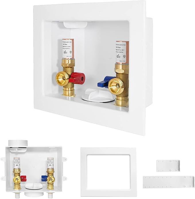 50-PACK GUOFIS Washing Machine Outlet Box with Copper Water Hammer Arrestor, PEX Laundry Washer Box with Central and Side Drain Design(1/2"CPVC Connection Inlet X 3/4"MHT Outlet)(WM014-50Pack)