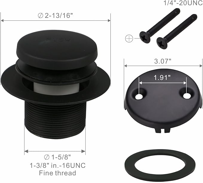 Black Tubular Tub Drain Kit with Welsan Tip-Toe Bathtub Drain Stopper, Touch-Toe Bath Plug Waste and Overflow Face Plate, 1-1/2" PVC Plastic Pipe (Matte Black)