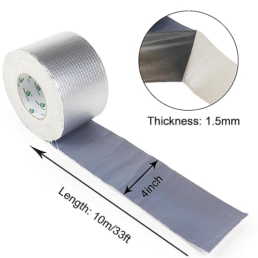 BOMEI PACK Leak Repair Butyl Tape 4”W x 33’L, Aluminum Foil Waterproof Sealing Tape for Roof Flashing, Patching and Gutter, Boat, Duct, RV, Awning