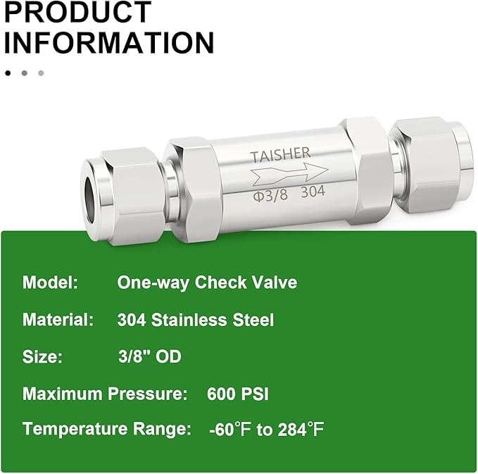 TAISHER 1PCS 304 Stainless Steel 1/4" Tube OD Check Valve,Backflow Prevention,One Way Non-Return Check Valves